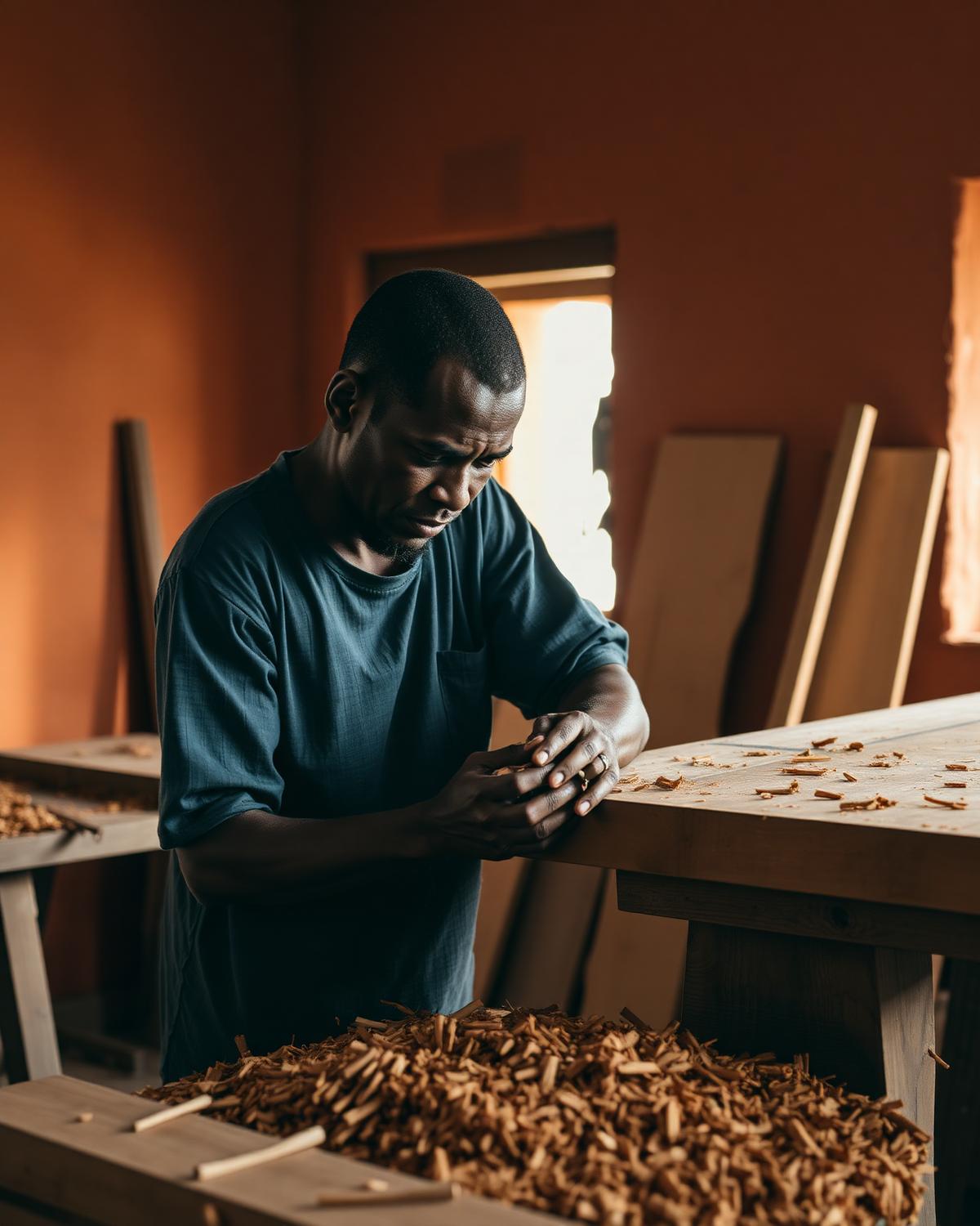 Artisan sculptant le bois dans l'atelier de Dakar